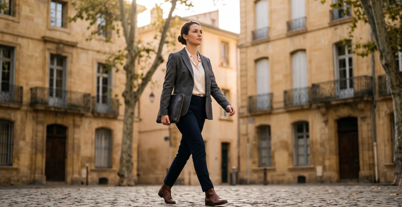 Jeune diplome traversant une place historique d'Aix-en-Provence en direction d'un batiment institutionnel, symbole d'ascension professionnelle