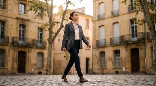 Jeune diplome traversant une place historique d'Aix-en-Provence en direction d'un batiment institutionnel, symbole d'ascension professionnelle