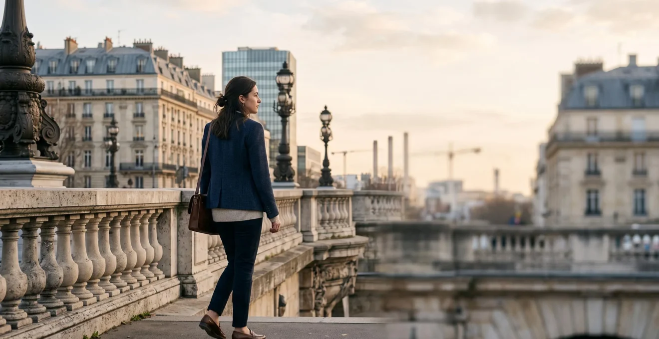 Jeune diplome de Sciences Po traversant un pont symbolique reliant plusieurs univers professionnels francais