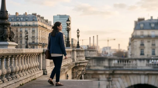 Jeune diplome de Sciences Po traversant un pont symbolique reliant plusieurs univers professionnels francais