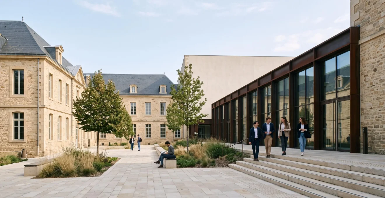 Vue architecturale comparative d'un campus Sciences Po en France illustrant la diversité des infrastructures étudiantes