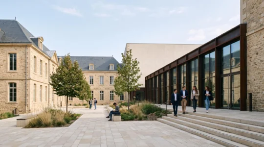 Vue architecturale comparative d'un campus Sciences Po en France illustrant la diversité des infrastructures étudiantes