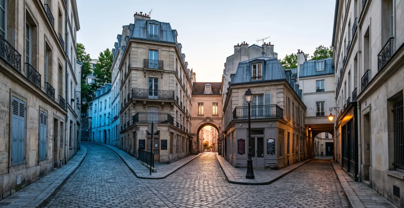 Rue pavée parisienne se divisant en plusieurs chemins symbolisant les différentes voies d'admission à Sciences Po