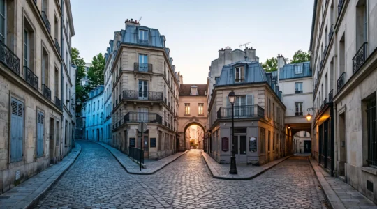Rue pavée parisienne se divisant en plusieurs chemins symbolisant les différentes voies d'admission à Sciences Po