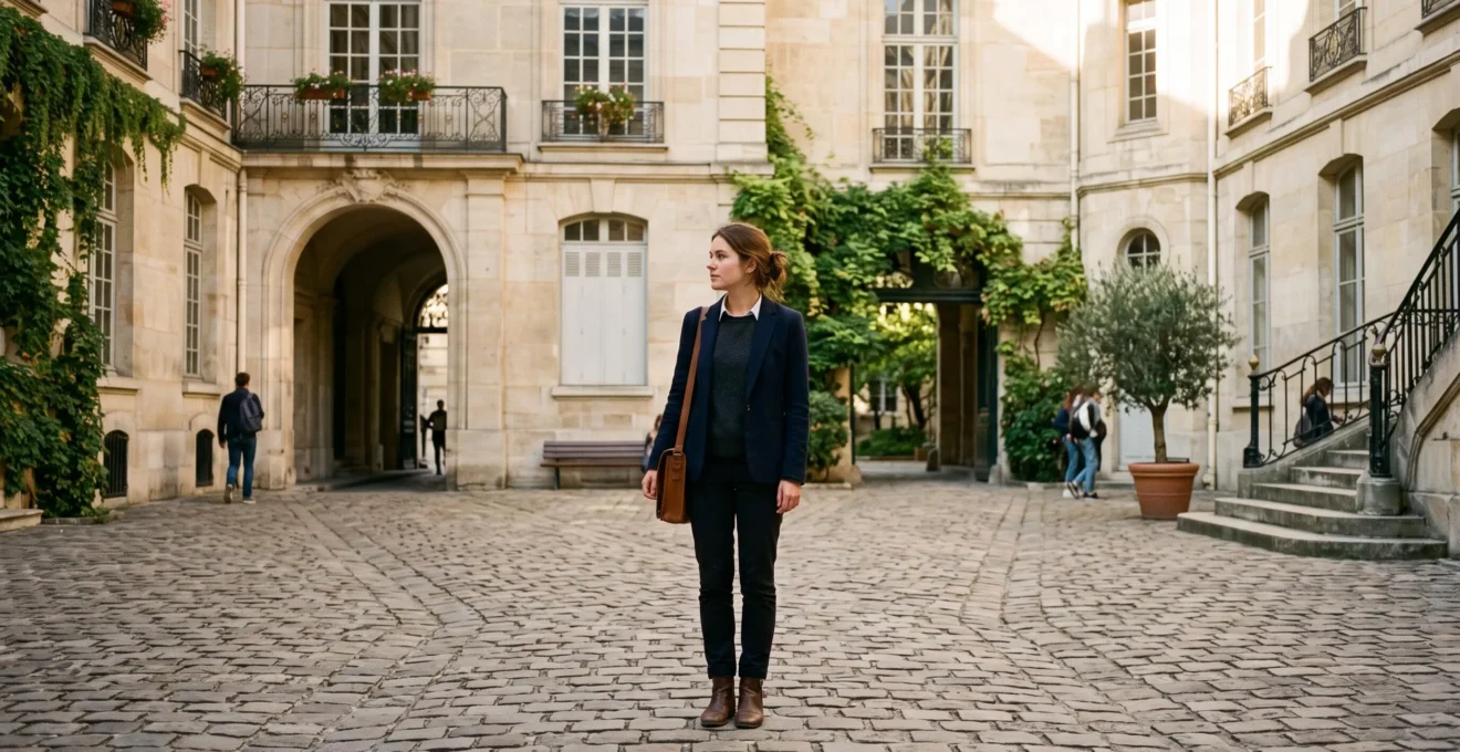 Etudiant reflechissant a son choix de master specialise a Sciences Po dans un cadre parisien elegant