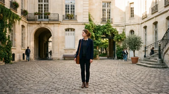 Etudiant reflechissant a son choix de master specialise a Sciences Po dans un cadre parisien elegant