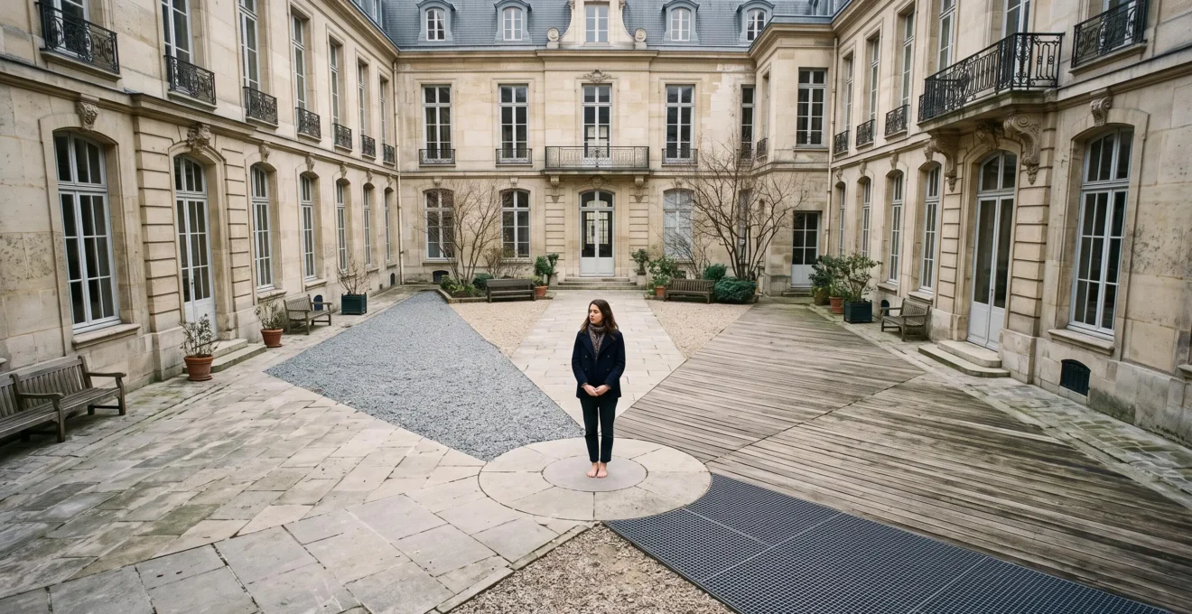 Étudiant de Sciences Po à un carrefour symbolique dans une cour parisienne, représentant le choix de majeure