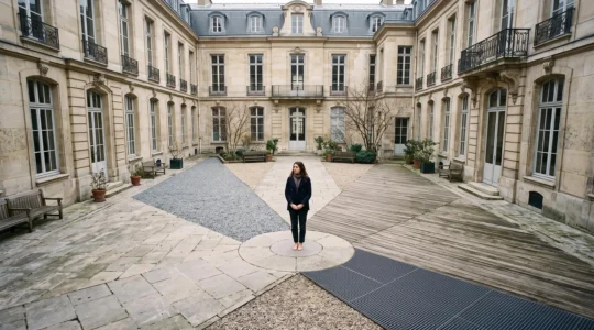 Étudiant de Sciences Po à un carrefour symbolique dans une cour parisienne, représentant le choix de majeure