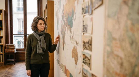 Etudiant devant une carte du monde symbolisant le choix d'un pays pour sa 3ème année à Sciences Po