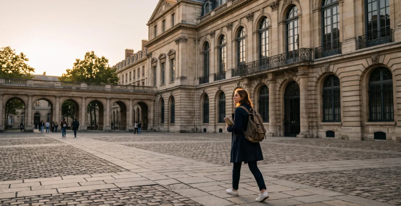 Etudiant traversant une cour interieure emblematique d'un institut d'etudes politiques parisien, symbolisant le cheminement sur cinq annees