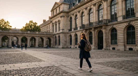 Etudiant traversant une cour interieure emblematique d'un institut d'etudes politiques parisien, symbolisant le cheminement sur cinq annees