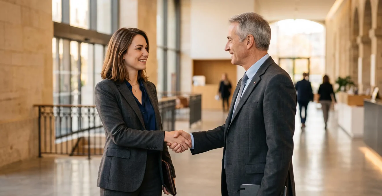 Jeune diplômé en entretien professionnel dans un cadre architectural evoquant Lyon, symbolisant la confiance des recruteurs envers les grandes ecoles