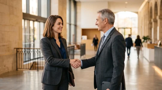 Jeune diplômé en entretien professionnel dans un cadre architectural evoquant Lyon, symbolisant la confiance des recruteurs envers les grandes ecoles