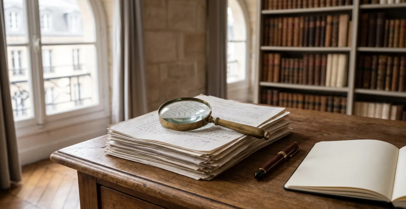 Bureau feutré évoquant l'analyse studieuse des rapports de jury Sciences Po, avec stylo et loupe sur des copies floutées