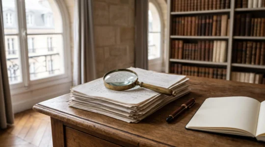Bureau feutré évoquant l'analyse studieuse des rapports de jury Sciences Po, avec stylo et loupe sur des copies floutées