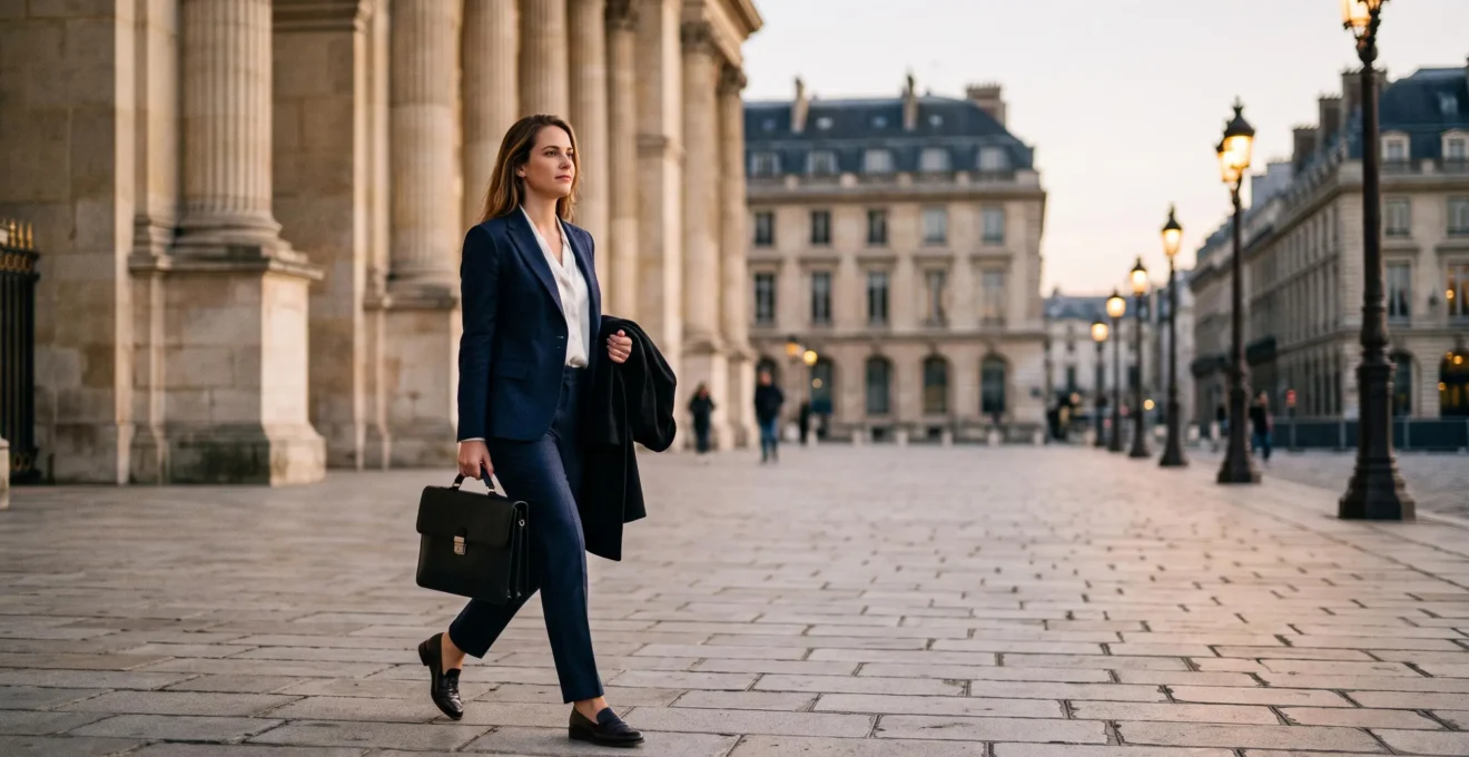 Jeune diplome en affaires publiques traversant une place institutionnelle parisienne, symbole du parcours vers le metier de lobbyiste apres Sciences Po