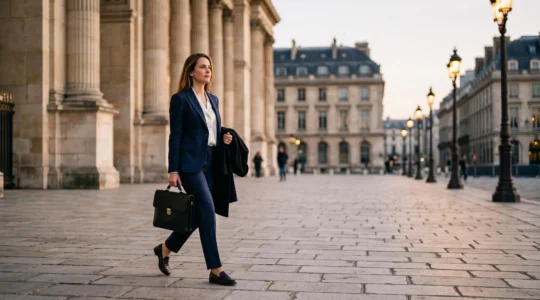 Jeune diplome en affaires publiques traversant une place institutionnelle parisienne, symbole du parcours vers le metier de lobbyiste apres Sciences Po