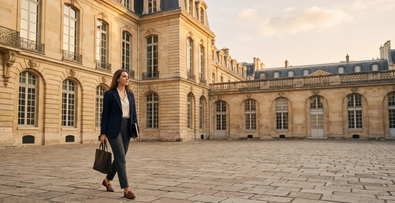 Jeune diplômé traversant avec assurance une cour d'apparat parisienne, symbolisant l'ouverture internationale offerte par un diplôme de rang mondial
