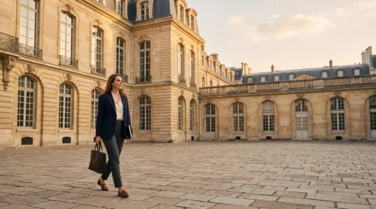 Jeune diplômé traversant avec assurance une cour d'apparat parisienne, symbolisant l'ouverture internationale offerte par un diplôme de rang mondial