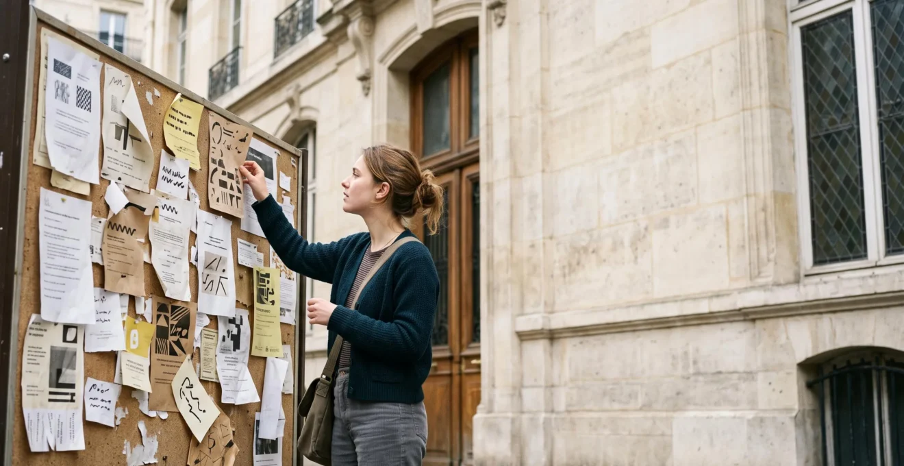 Etudiant consultant un panneau d'affichage universitaire recouvert de multiples avis superposes devant une facade en pierre a la francaise