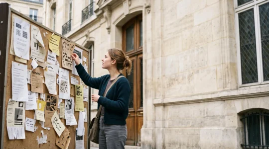 Etudiant consultant un panneau d'affichage universitaire recouvert de multiples avis superposes devant une facade en pierre a la francaise