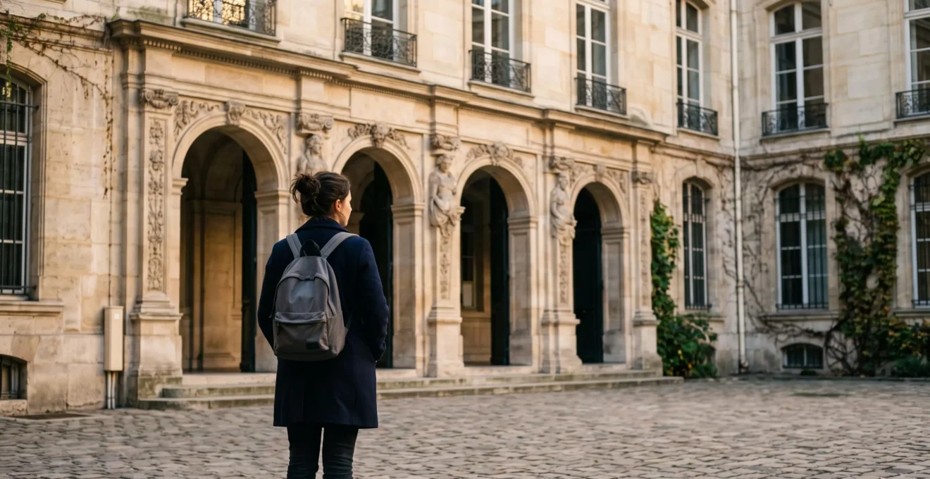 Jeune candidat de dos face à plusieurs portes monumentales symbolisant les différentes voies d'admission aux IEP en France
