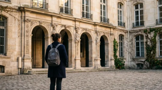 Jeune candidat de dos face à plusieurs portes monumentales symbolisant les différentes voies d'admission aux IEP en France