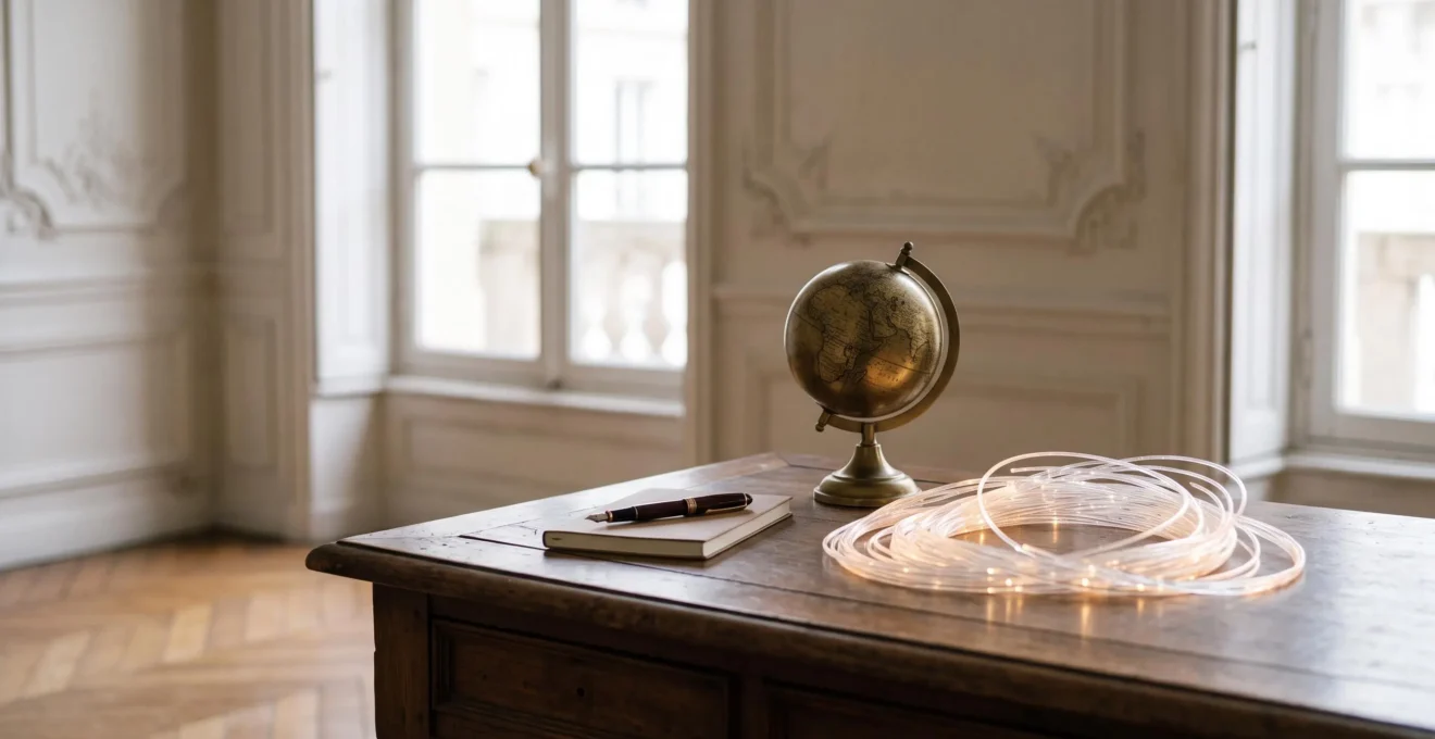 Bureau ancien de style parisien où se mêlent objets traditionnels et lumière symbolisant le numérique, illustrant l'équilibre entre méthode classique et outils digitaux à Sciences Po