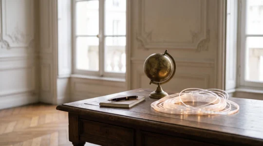 Bureau ancien de style parisien où se mêlent objets traditionnels et lumière symbolisant le numérique, illustrant l'équilibre entre méthode classique et outils digitaux à Sciences Po