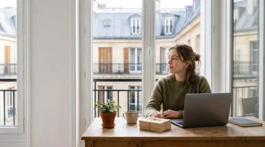 Etudiant de Sciences Po organisant son travail grace a des outils numeriques dans un cadre parisien elegant