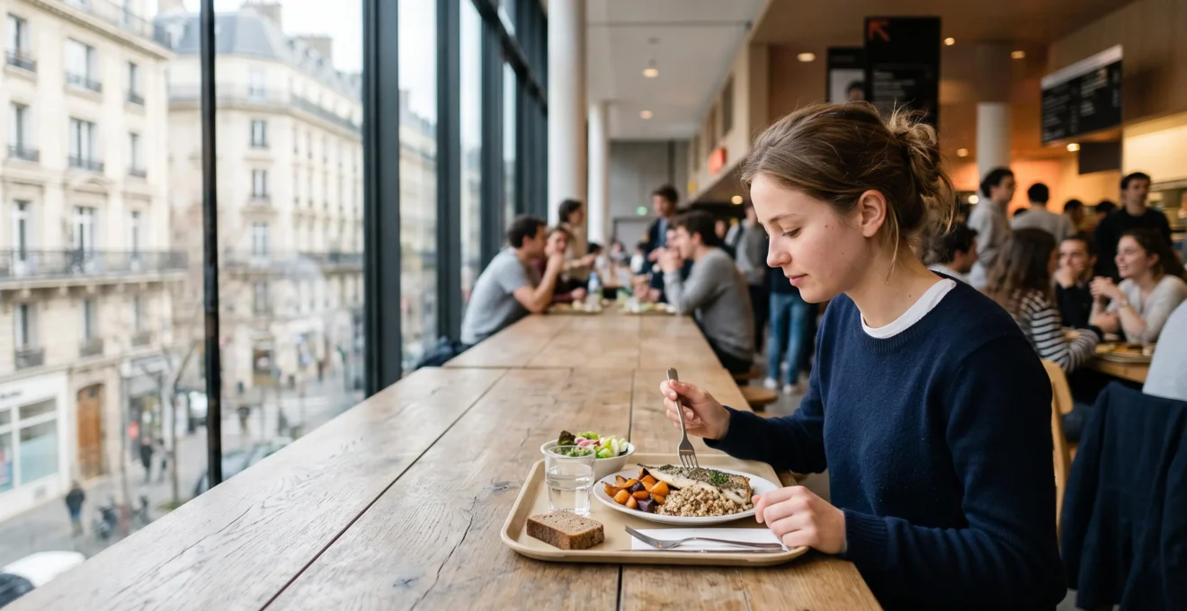 Etudiant de Sciences Po savourant un repas equilibre et economique dans un restaurant universitaire au style parisien