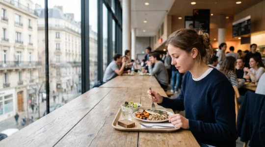 Etudiant de Sciences Po savourant un repas equilibre et economique dans un restaurant universitaire au style parisien