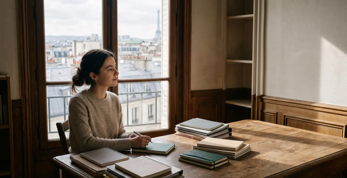 Etudiant de Sciences Po organisant sereinement ses supports de cours dans un cadre parisien lumineux