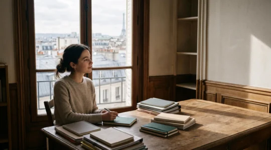 Etudiant de Sciences Po organisant sereinement ses supports de cours dans un cadre parisien lumineux