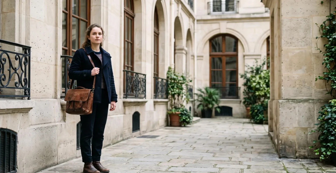 Jeune étudiant pensif dans une cour d'un bâtiment académique parisien, symbolisant la résilience face aux difficultés financières durant ses études à Sciences Po