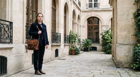 Jeune étudiant pensif dans une cour d'un bâtiment académique parisien, symbolisant la résilience face aux difficultés financières durant ses études à Sciences Po