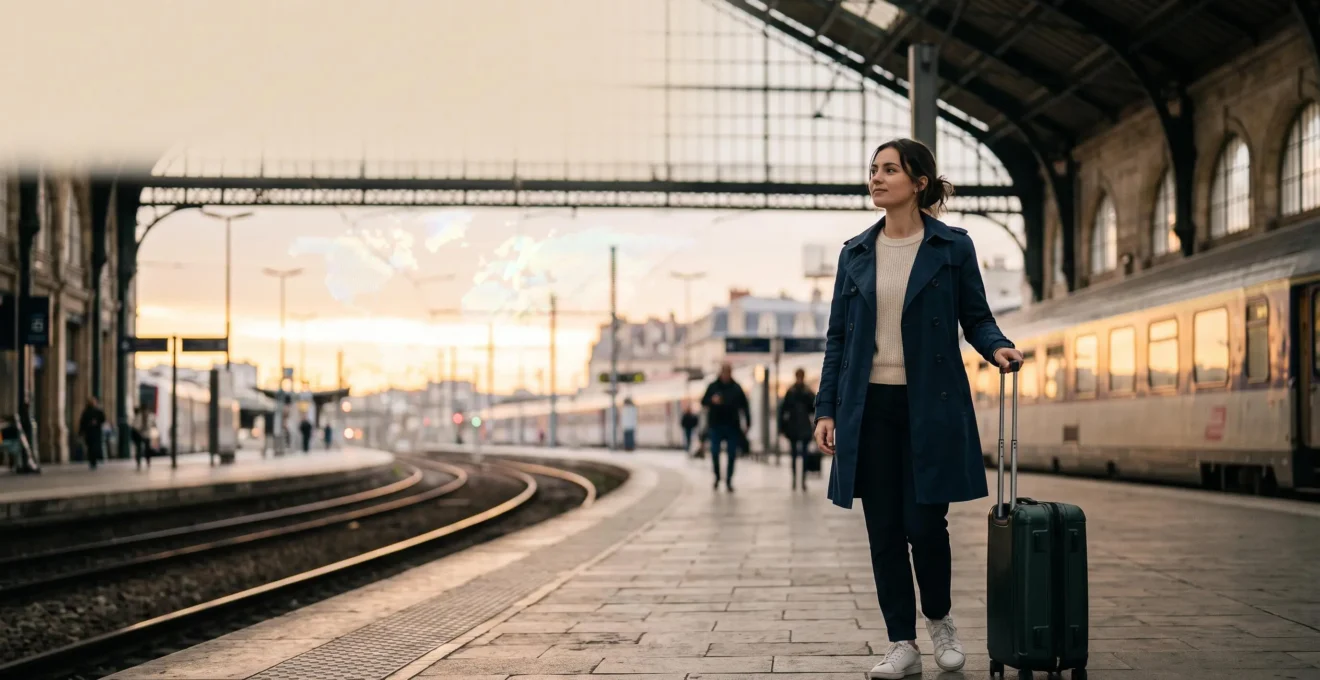 Jeune étudiant français serein à l'aube d'un grand départ international, valise à la main face à un horizon ouvert