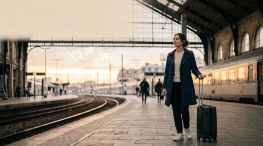 Jeune étudiant français serein à l'aube d'un grand départ international, valise à la main face à un horizon ouvert