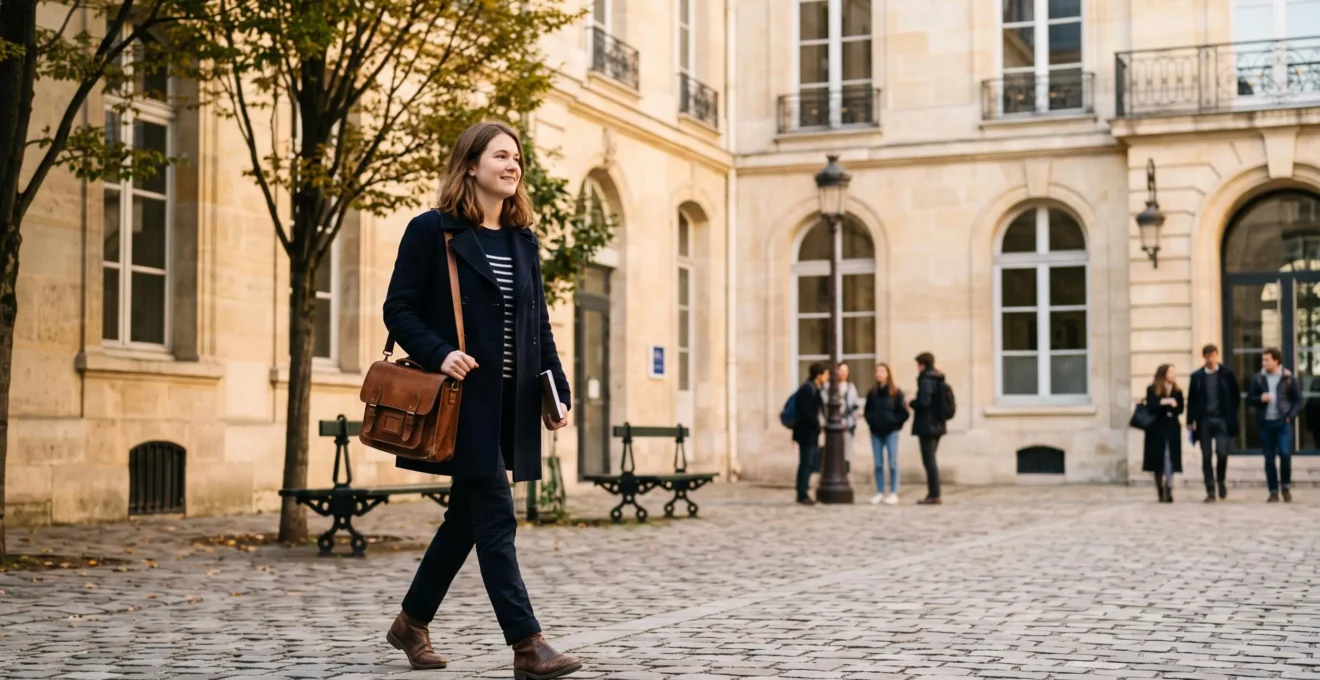 Étudiant traversant sereinement la cour d'un IEP français, symbole de stabilité financière retrouvée grâce aux aides sociales