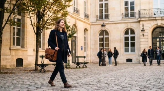 Étudiant traversant sereinement la cour d'un IEP français, symbole de stabilité financière retrouvée grâce aux aides sociales