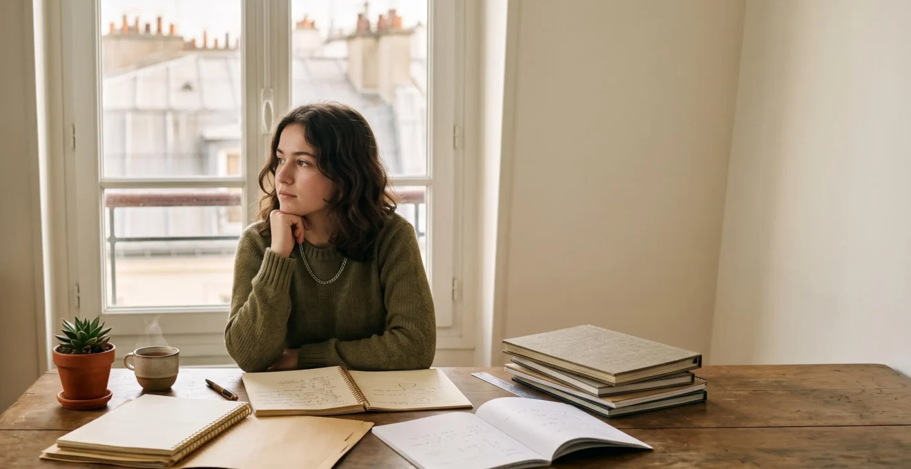 Jeune lycéen français serein installé à son bureau, entre ses cahiers de révision du bac et ses préparations aux concours Sciences Po, dans une lumière douce de fin de journée