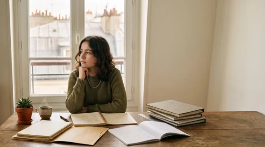 Jeune lycéen français serein installé à son bureau, entre ses cahiers de révision du bac et ses préparations aux concours Sciences Po, dans une lumière douce de fin de journée