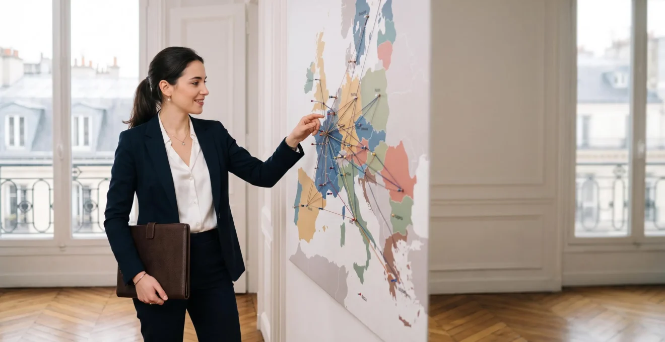 Jeune professionnel consultant une carte de l'Europe et des dossiers de financement dans un bureau institutionnel parisien, symbolisant le métier de chargé de projets européens