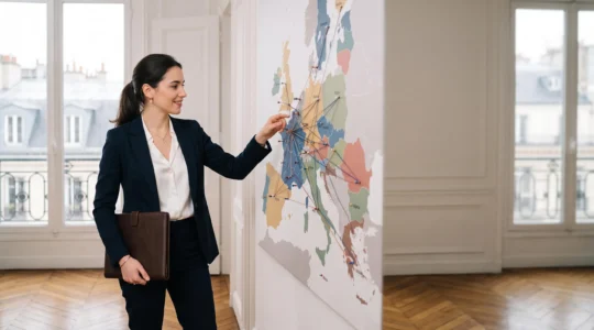 Jeune professionnel consultant une carte de l'Europe et des dossiers de financement dans un bureau institutionnel parisien, symbolisant le métier de chargé de projets européens