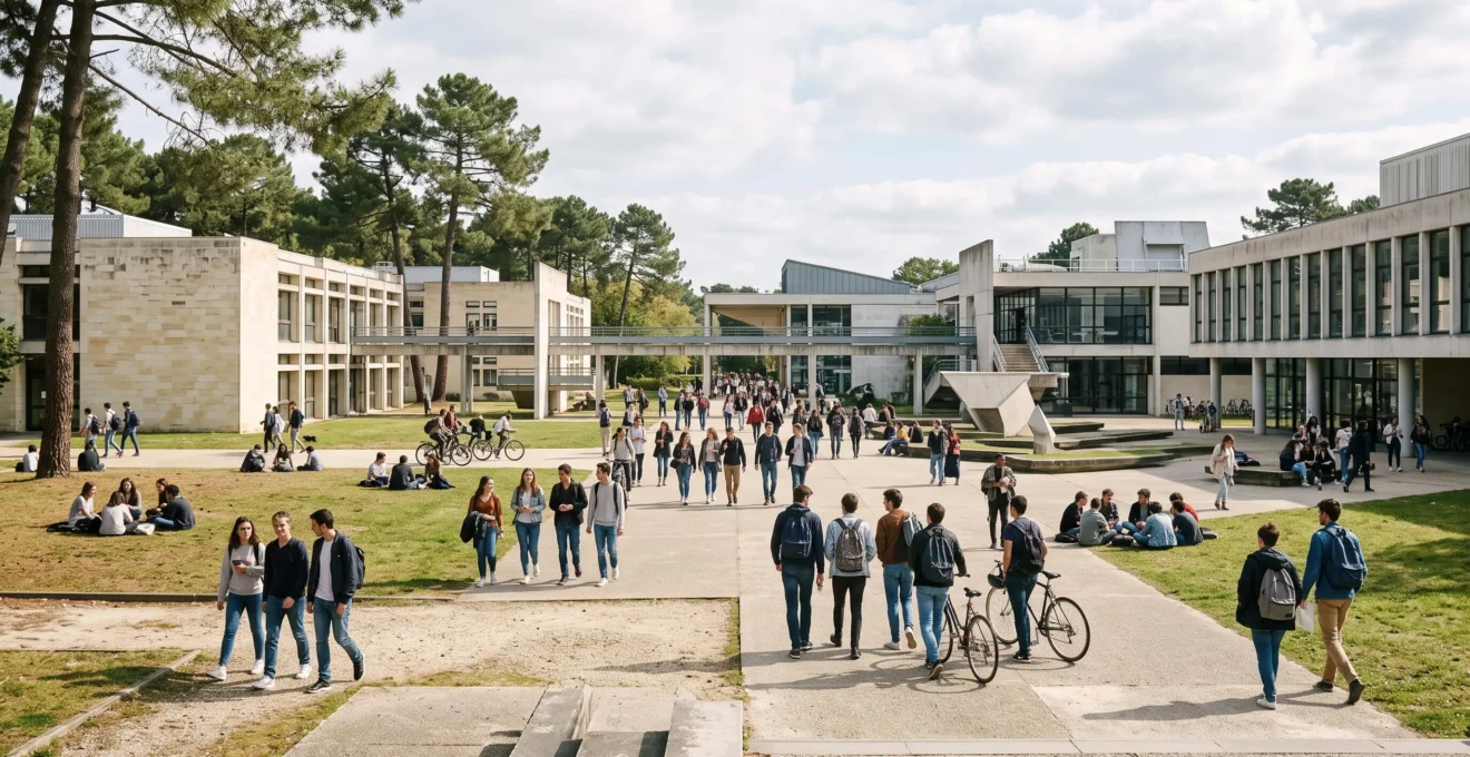 Vue panoramique du grand campus universitaire de Pessac à Bordeaux illustrant la diversité de la vie étudiante