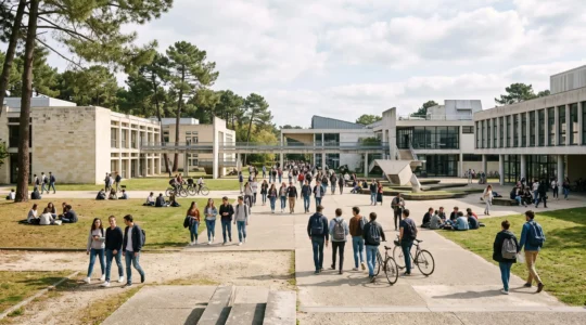 Vue panoramique du grand campus universitaire de Pessac à Bordeaux illustrant la diversité de la vie étudiante