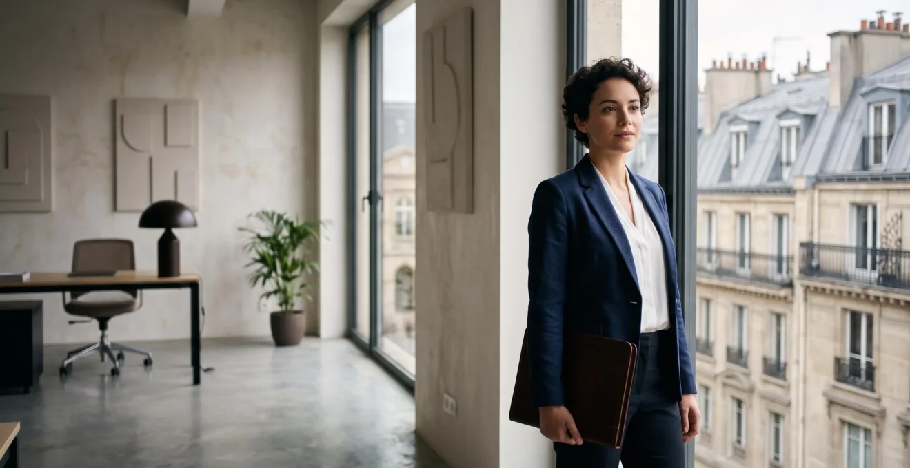 Jeune diplômé issu d'un double cursus Sciences Po et droit consultant un dossier dans un bureau parisien moderne, symbole du parcours vers le métier de juriste d'entreprise