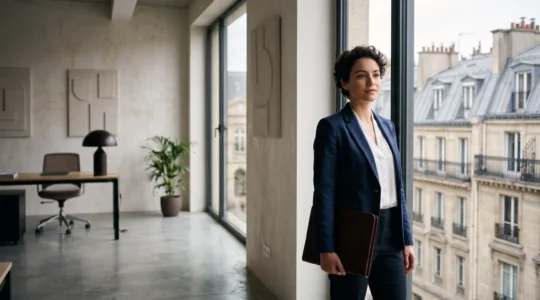 Jeune diplômé issu d'un double cursus Sciences Po et droit consultant un dossier dans un bureau parisien moderne, symbole du parcours vers le métier de juriste d'entreprise