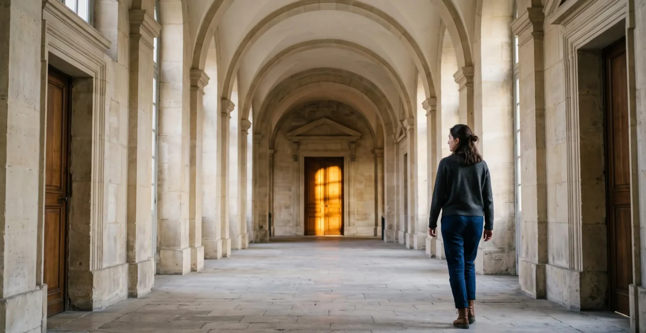 Etudiant traversant un couloir lumineux et symetrique d'un batiment institutionnel francais, symbolisant la maitrise des outils numeriques universitaires