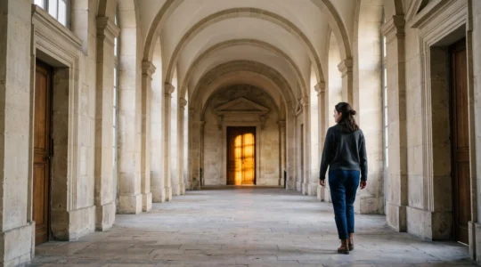Etudiant traversant un couloir lumineux et symetrique d'un batiment institutionnel francais, symbolisant la maitrise des outils numeriques universitaires